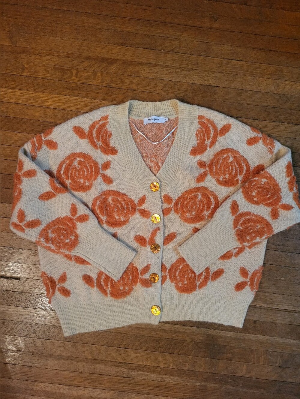 Desigual Cream Cardigan with Orange Floral Pattern